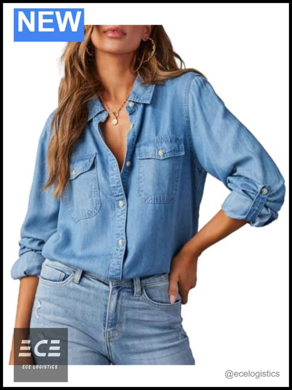 Women's Denim Button Down Blouse Long Sleeve V Neck Fitted Shirt